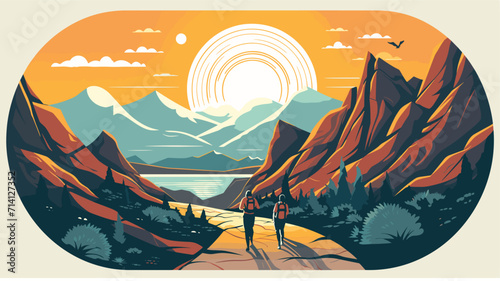 Convey the sense of exploration and discovery in a vector scene featuring hikers exploring uncharted paths crossing meandering streams and ascending to new heights .simple isolated line styled