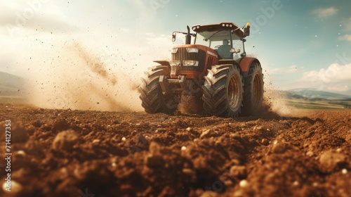 Tractor at work, kicking up dust and sand on the field. Farming preparation. 