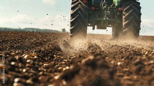 Powerful tractor in action on a dusty field. Get ready for crop planting.
 photo