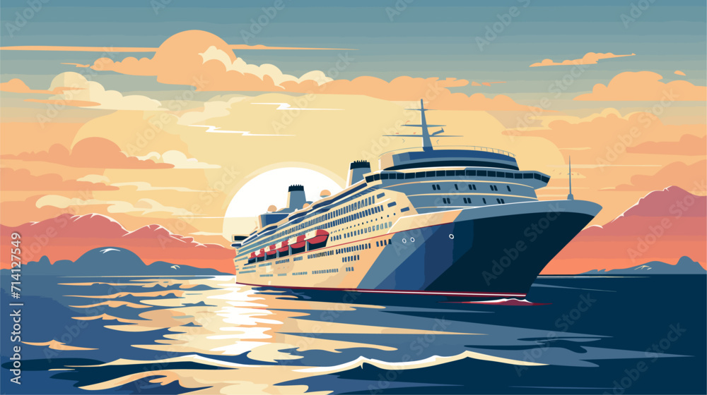 Convey the grandeur and elegance of cruise ships in a vector scene featuring luxurious vessels open decks and passengers enjoying the leisurely experience of cruise travel .simple isolated line styled - obrazy, fototapety, plakaty 