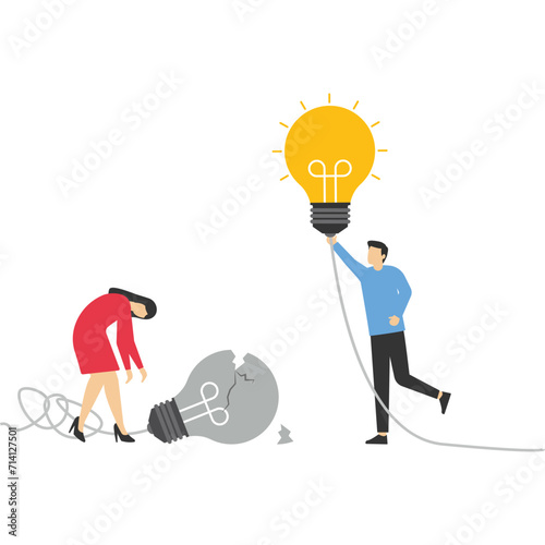 Businessman thinking on broken lightbulb, finding solution to solve problem, critical thinking, problem solving skill, Vector illustration design concept in postcard template

