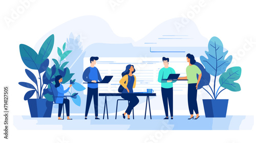 Convey the approachability and accessibility of leaders in a vector scene featuring leaders engaging with team members creating an open and approachable atmosphere .simple isolated line styled
