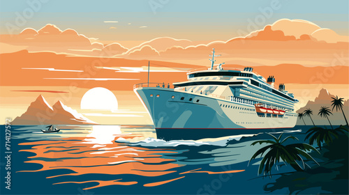 Convey the grandeur and elegance of cruise ships in a vector scene featuring luxurious vessels open decks and passengers enjoying the leisurely experience of cruise travel .simple isolated line styled