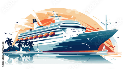 Convey the grandeur and elegance of cruise ships in a vector scene featuring luxurious vessels open decks and passengers enjoying the leisurely experience of cruise travel .simple isolated line styled