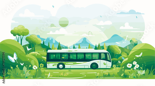 Convey the environmental benefits of bus transportation in a vector art piece showcasing scenes of eco-friendly buses green landscapes and the reduction of carbon footprint associated with public