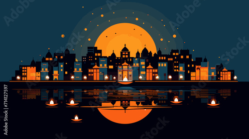 Convey the community celebrations of Deepawali in a vector art piece showcasing scenes of neighborhoods illuminated with diyas communal puja events and the shared joy that permeates through the