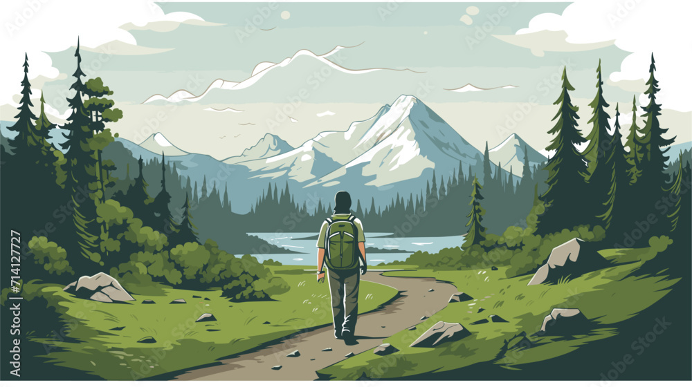 Convey the serenity and mindfulness of hiking in a vector art piece showcasing scenes of hikers amidst peaceful landscapes surrounded by nature's tranquility .simple isolated line styled vector - obrazy, fototapety, plakaty 