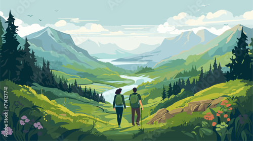 Convey the serenity and mindfulness of hiking in a vector art piece showcasing scenes of hikers amidst peaceful landscapes surrounded by nature's tranquility .simple isolated line styled vector