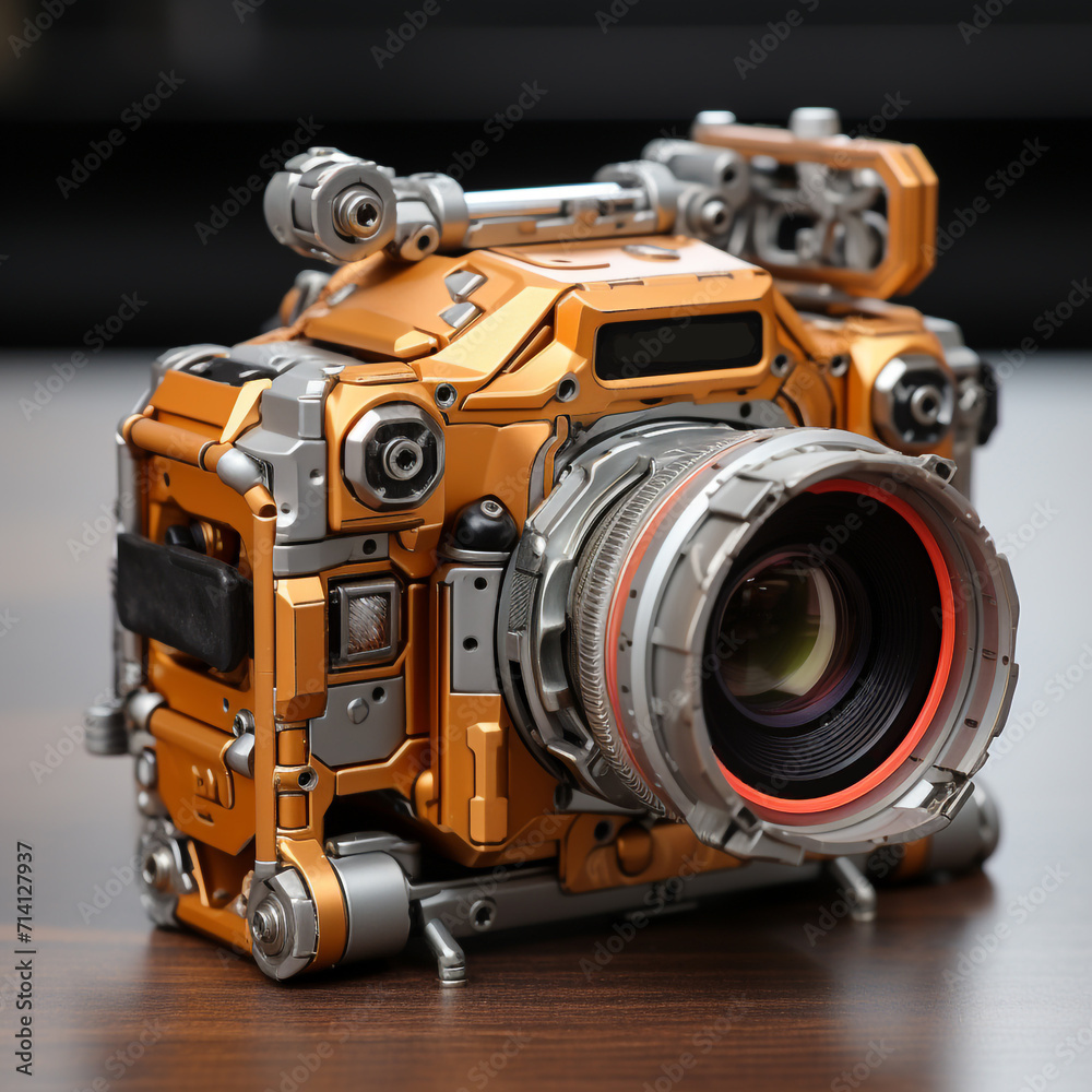Conceptual futuristic camera, made of resistant and technological metal, with fine details, tough photographic camera, tough as war. 3D rendering design illustration.