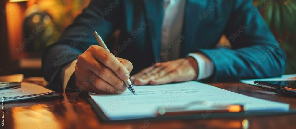 Real estate agent explaining contract terms; businessman signing agreement for home purchase. - obrazy, fototapety, plakaty 