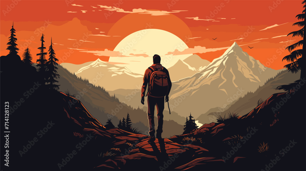 Explore the solitude and introspection of solo hiking in a vector art piece showcasing scenes of individuals trekking alone finding solace and self-reflection amidst nature's vast landscapes .simple