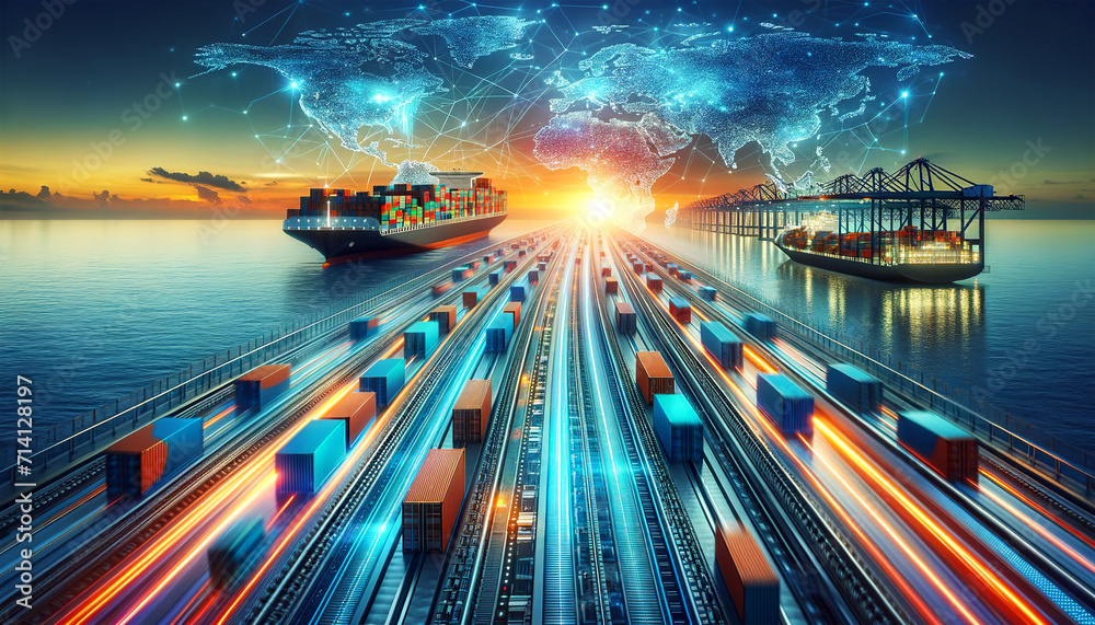 Global trade concept with cargo ships and trains at sunset, featuring a digital world map connection overlay.Tracking of loading and delivery. Logistics solutions in the future.AI generated. - obrazy, fototapety, plakaty 