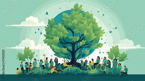 global commitment to environmental sustainability in a vector scene featuring individuals participating in conservation efforts, adopting eco-friendly practices