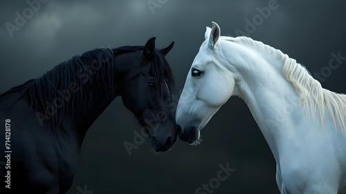 Beautiful white and black horse looking at each other close up photo