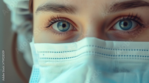 Close-Up Portrait of Woman Wearing Protective Face Mask with Emphasized Eyes, Advocating Disease Prevention and Health Safety Measures