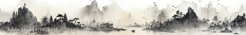 Black ink paint of lake and mountains. Oriental  minimalistic Japanese illustrative style. copyspace for your text.