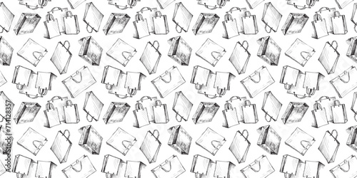 Seamless vector pattern of sketches different paper shopping bags, background for paper,wrapper
