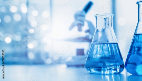 Glassware with blue liquid on table. Modern scientific laboratory