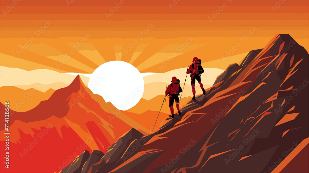 physical challenge and endurance of hiking in a vector scene featuring hikers conquering steep ascents navigating rugged terrains and pushing their limits .simple isolated line styled vector