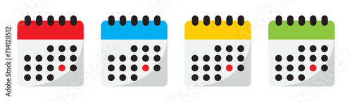 Glossy calendar symbol with red date mark icon set in four different colors. Special, holiday red date mark symbol on calendar icon set in red, blue, yellow and green isolated on white background. photo