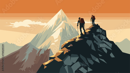 physical challenge and endurance of hiking in a vector scene featuring hikers conquering steep ascents navigating rugged terrains and pushing their limits .simple isolated line styled vector photo
