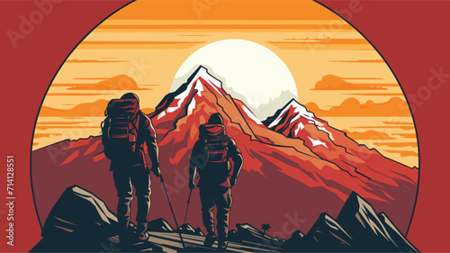 physical challenge and endurance of hiking in a vector scene featuring hikers conquering steep ascents navigating rugged terrains and pushing their limits .simple isolated line styled vector