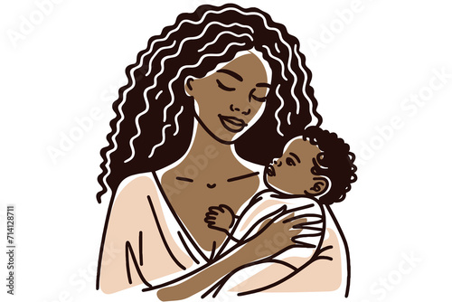 Black lady. Mom tenderly holds a newborn baby in her arms. Parental love, motherhood, and care. Simple outline vector illustration, line art. Breast-feeding