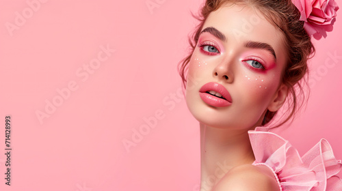 detailed portrait of a young woman with striking pink makeup and curly hair against a vividly colored background