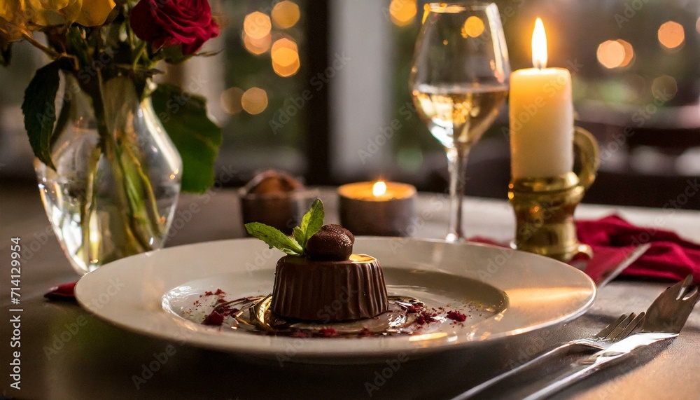 romantic ambiance in a restaurant with a chocolate dessert