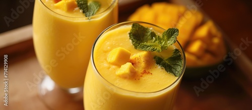 Mango lassi is a popular cold drink in India made with yogurt, water, spices, and sometimes mango. photo