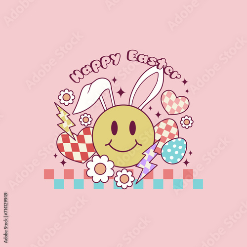 cute retro illustration of happy face with bunny ears for easter holidays