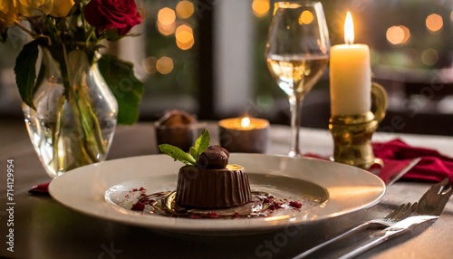 romantic ambiance in a restaurant with a chocolate dessert