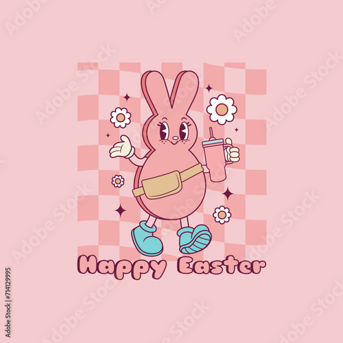 cute retro illustration of chocolate bunny walking and holding a thermos for easter