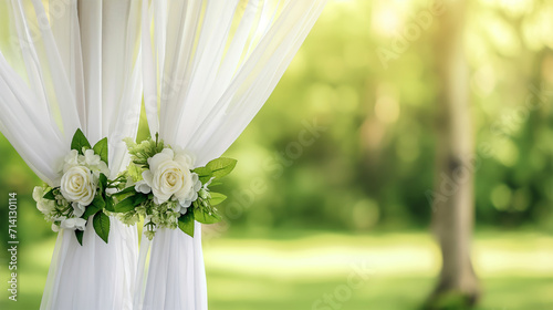 White curtain backdrop for ceremony party at outdoor, blurred background, white flowers background photo