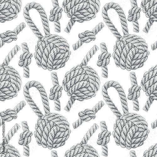 Seamless pattern of knotted ropes cords monkey fist knot. Nautical thread whipcord with loops and noose. Braided, folded, spiral fiber. Illustration hand drawn graphic grey on white background.
