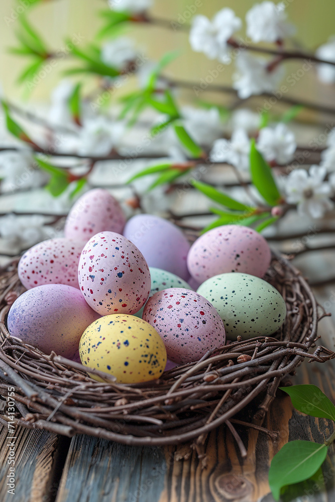 Happy Easter card and eggs. Selective focus. Generative AI, Happy Easter card and eggs. Selective focus. Generative AI,