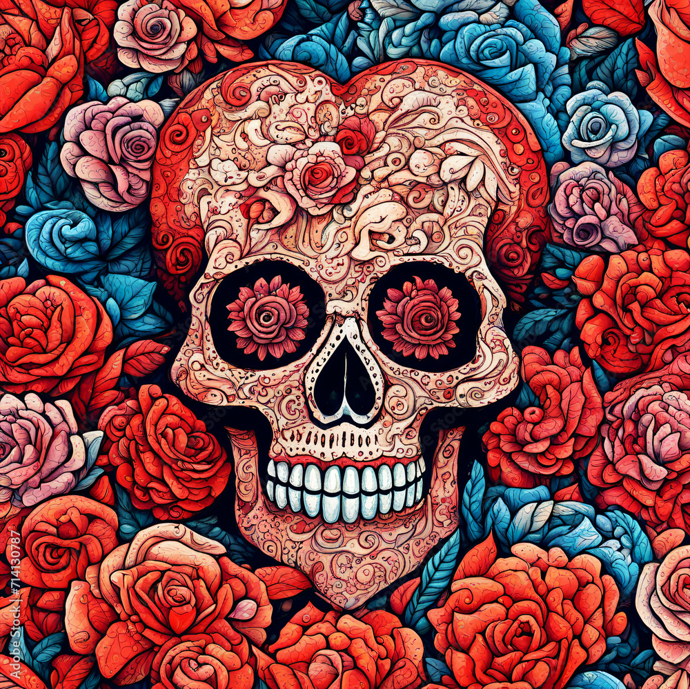 Skull, surrounded by roses. Detailed design combines macabre beauty, gothic aesthetics. White skull contrasts with vibrant red, blue flowers. Tattoo-style artwork, nature inspired