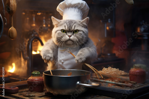 Cute cat in chef hat is cooking photo