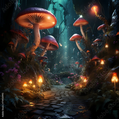 An enchanted forest with glowing mushrooms and mystical creatures.