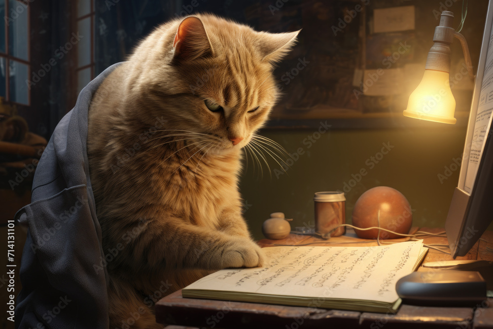 Cute cat reading a book