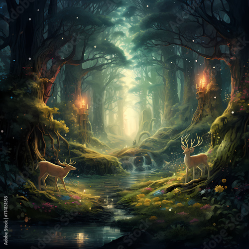 Enchanting forest with mystical creatures.