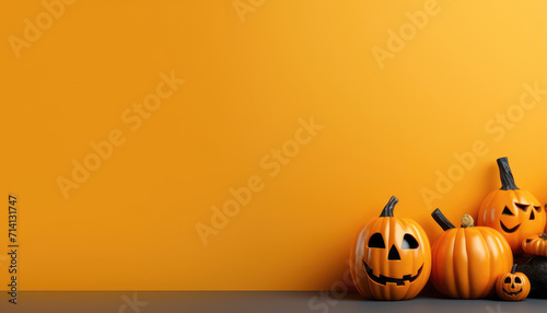 Cute pumpkins and halloween objects in front of orange wall background with copy space