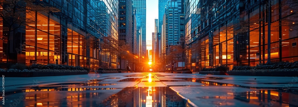 Reflective skyscrapers in the heart of the business district, capturing the essence of modern architecture and city life in the afternoon glow, business office buildings
