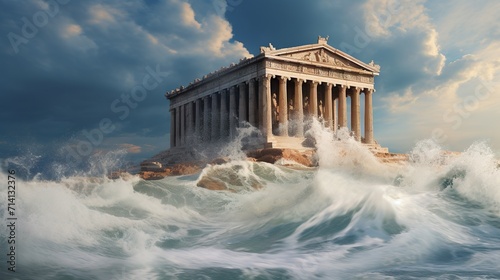 Roman temples in front of big waves in the sea made with Ai generative technology photo
