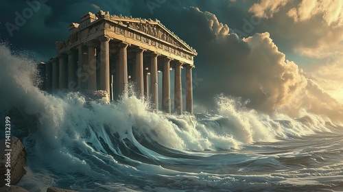 Roman temples in front of big waves in the sea made with Ai generative technology photo