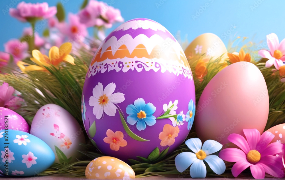 Festive Easter eggs with the spring holiday of Easter and colorful flowers Background