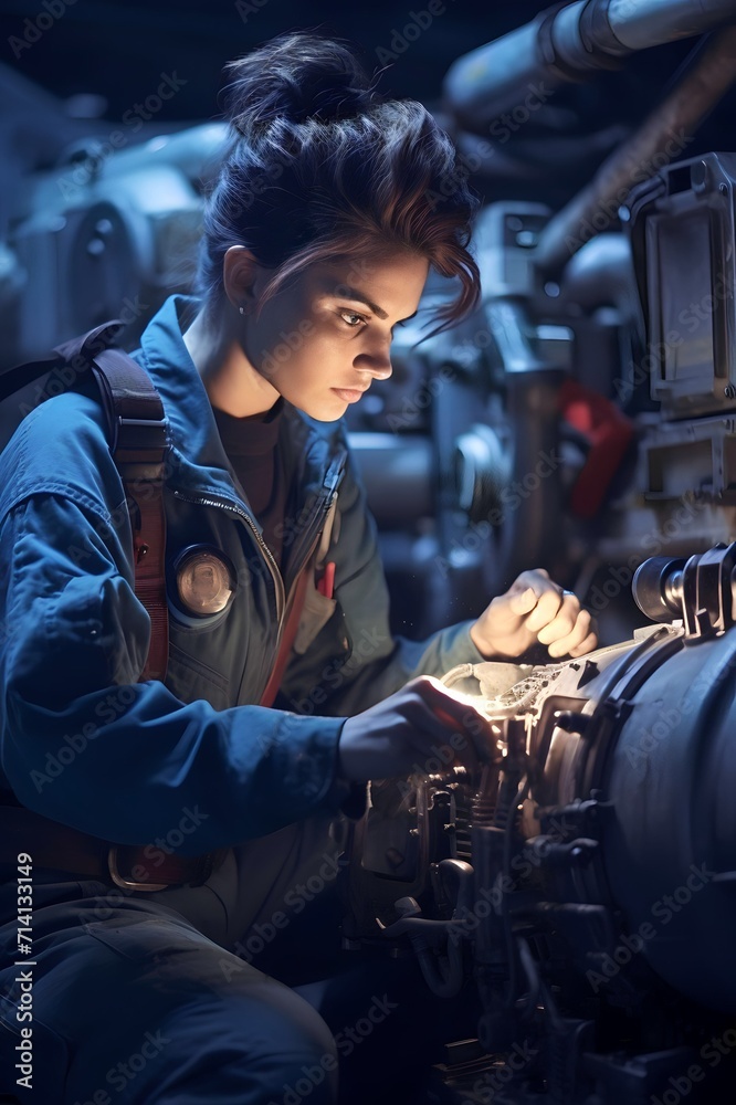 Female helicopter mechanic checking parts with flashlight Female helicopter mechanic checking parts with flashlight