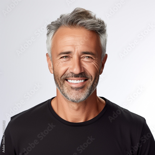 Studio portrait of a older man smiling with a modern haircut. Advertisement for dental, business, studio, etc.