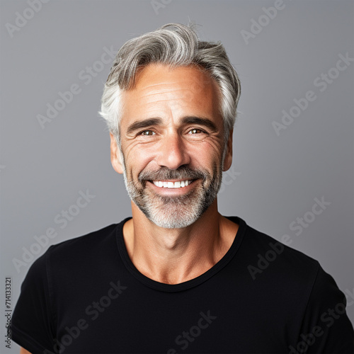 Studio portrait of a older man smiling with a modern haircut. Advertisement for dental, business, studio, etc.