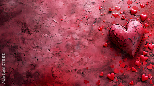 A crimson heart-shaped box adorned with delicate pink hearts rests upon a rich maroon surface, evoking feelings of love and passion on valentine's day photo